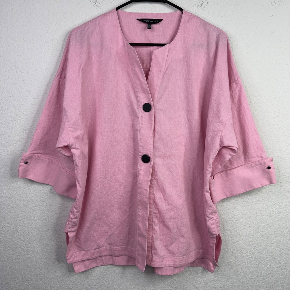 Ming Wang Shirt Womens XL Pink Linen Blend Button Relaxed Minimalist Coastal